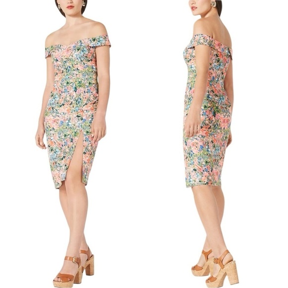 AIDAN MATTOX FLORAL OFF THE SHOULDER PRINTED CREPE SHEATH COCKTAIL DRESS - Picture 2 of 15
